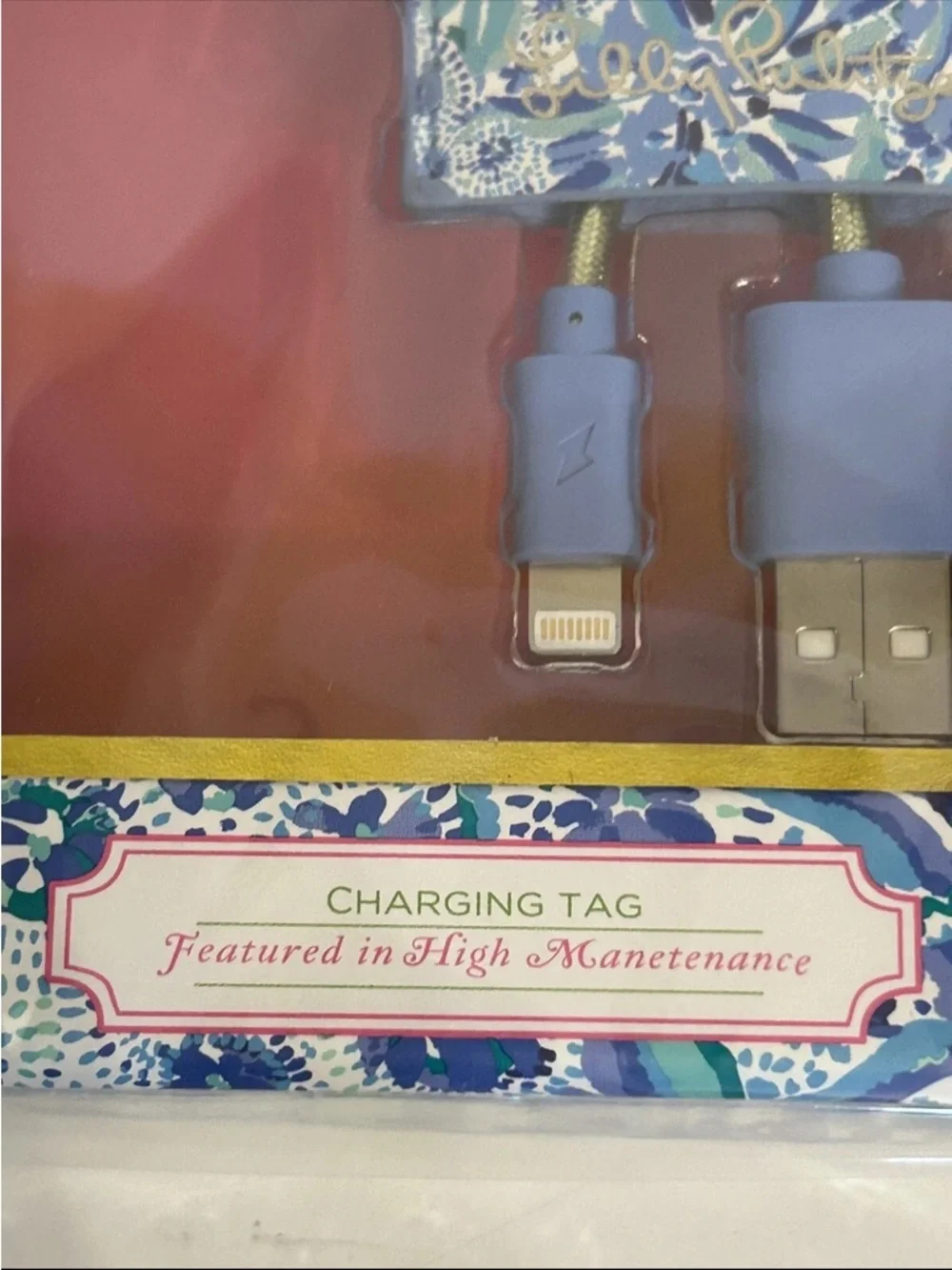 Lilly Pulitzer Charging Tag Keychain Blue Floral High Maintenance Micro USB-USB2